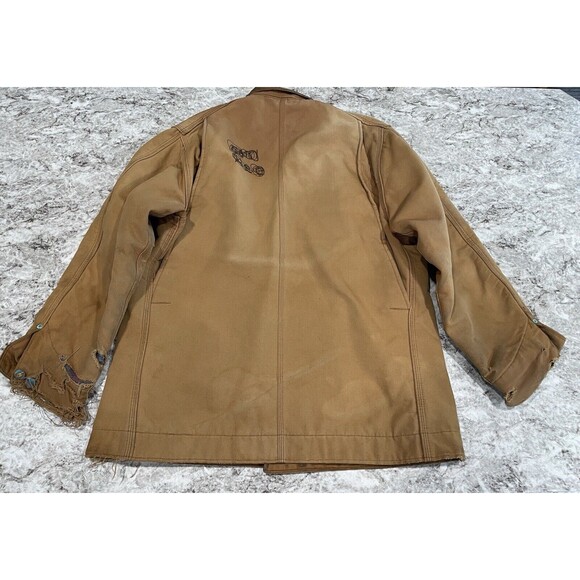 Vintage Carhartt Tan Button Mens 42 Duck Canvas Chore Jacket Blanket Lined USA - Picture 12 of 14